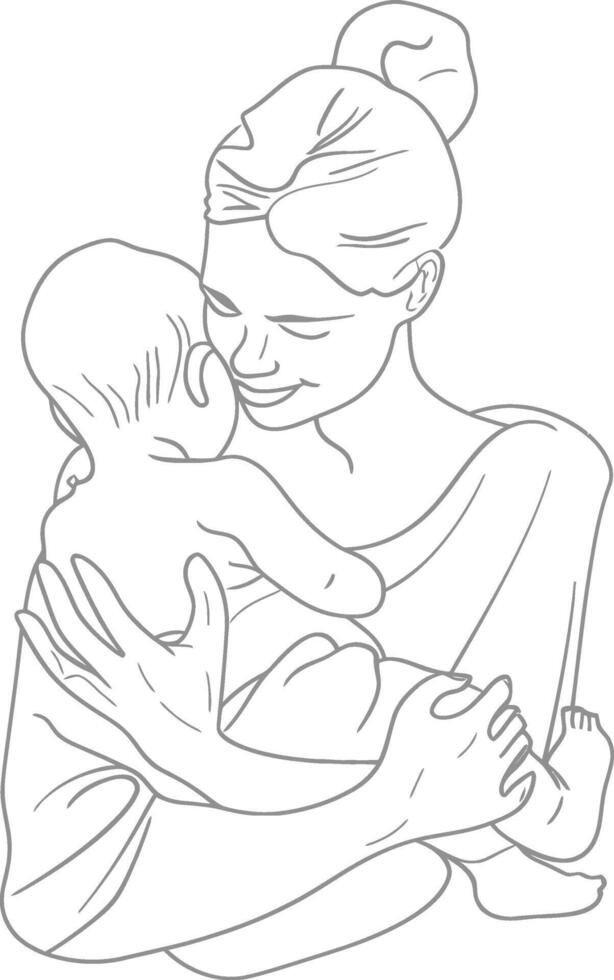 One continuous line drawing of mother holding baby black color only vector
