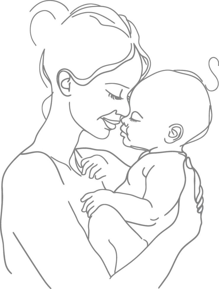 One continuous line drawing of mother holding baby black color only vector