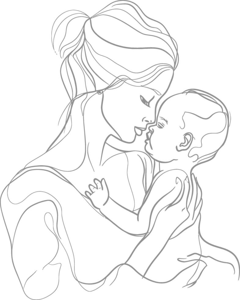 One continuous line drawing of mother holding baby black color only vector