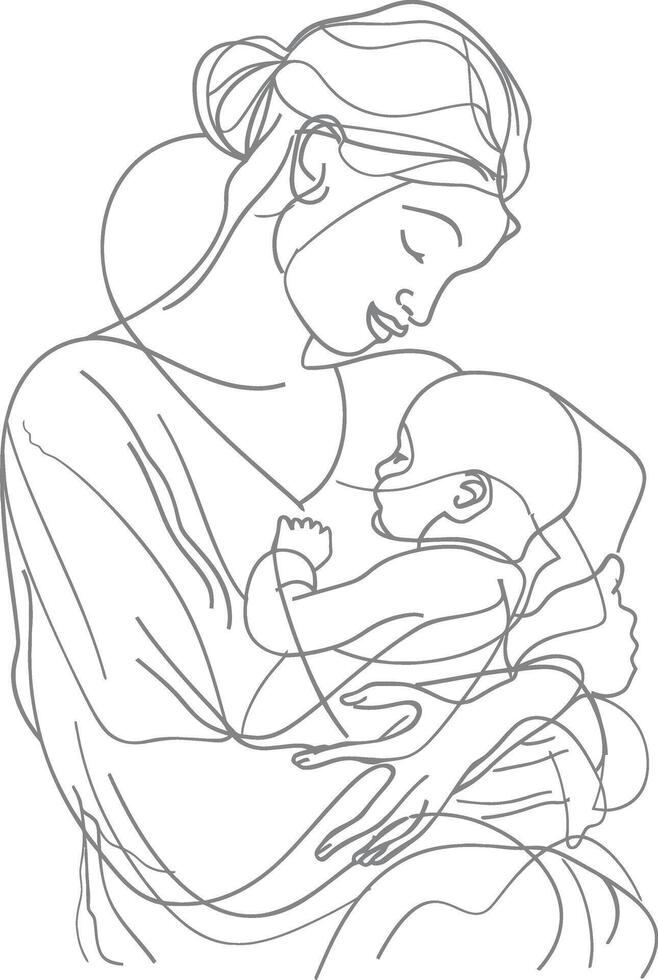 One continuous line drawing of mother holding baby black color only vector