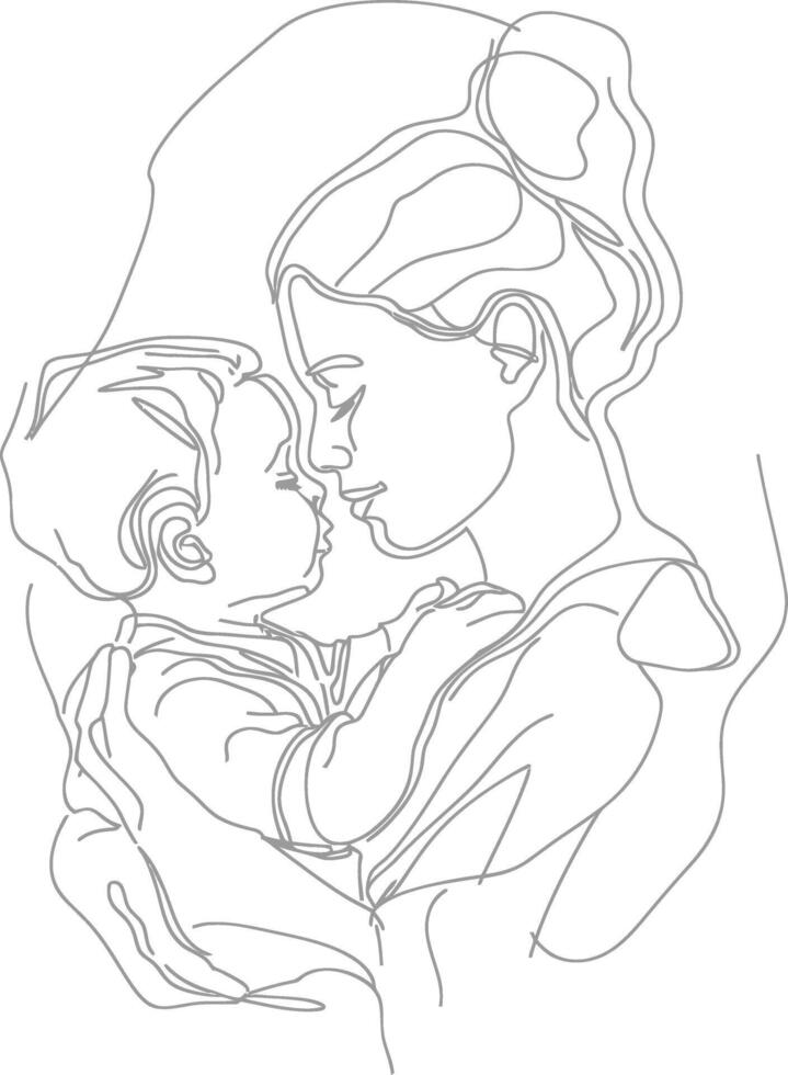 One continuous line drawing of mother holding baby black color only vector