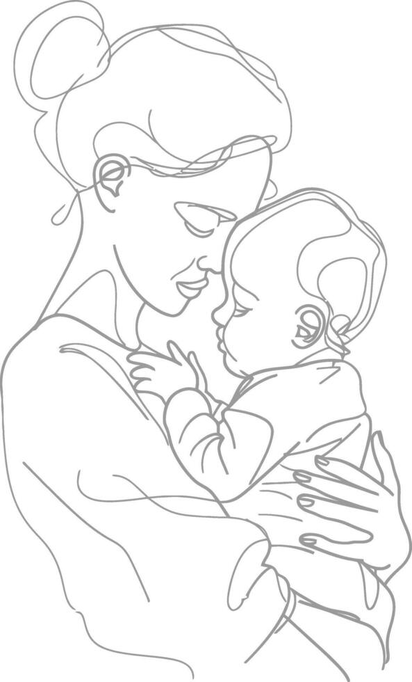 One continuous line drawing of mother holding baby black color only vector