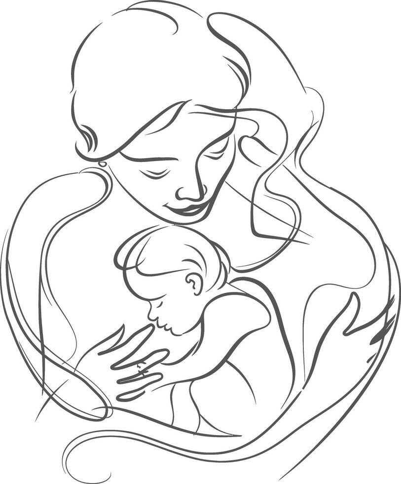 One continuous line drawing of mother holding baby black color only vector