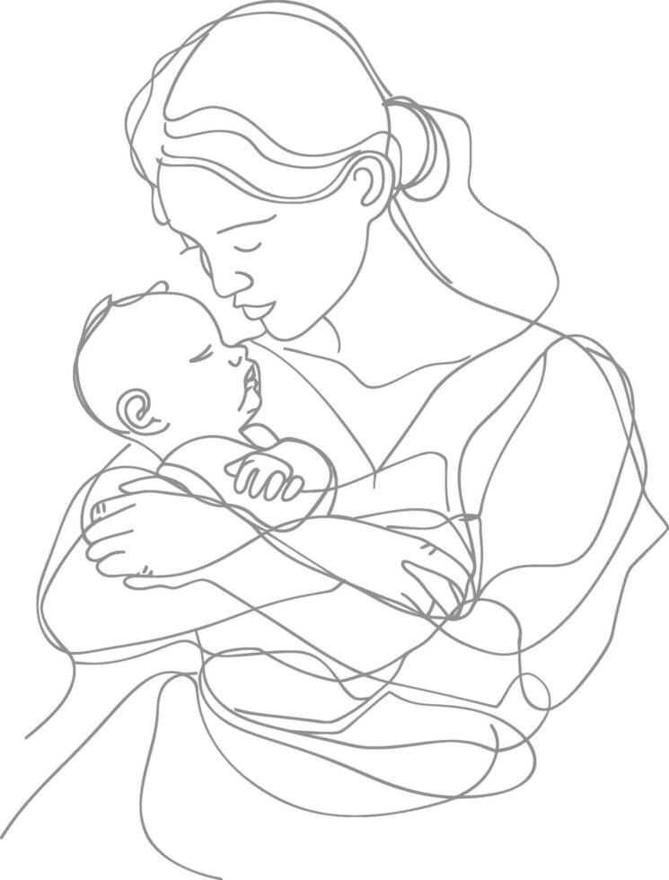 One continuous line drawing of mother holding baby black color only vector