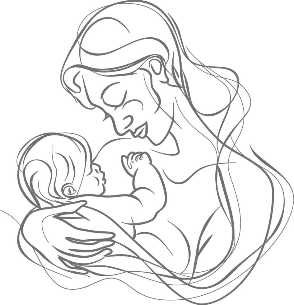 One continuous line drawing of mother holding baby black color only vector