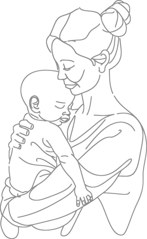 One continuous line drawing of mother holding baby black color only vector