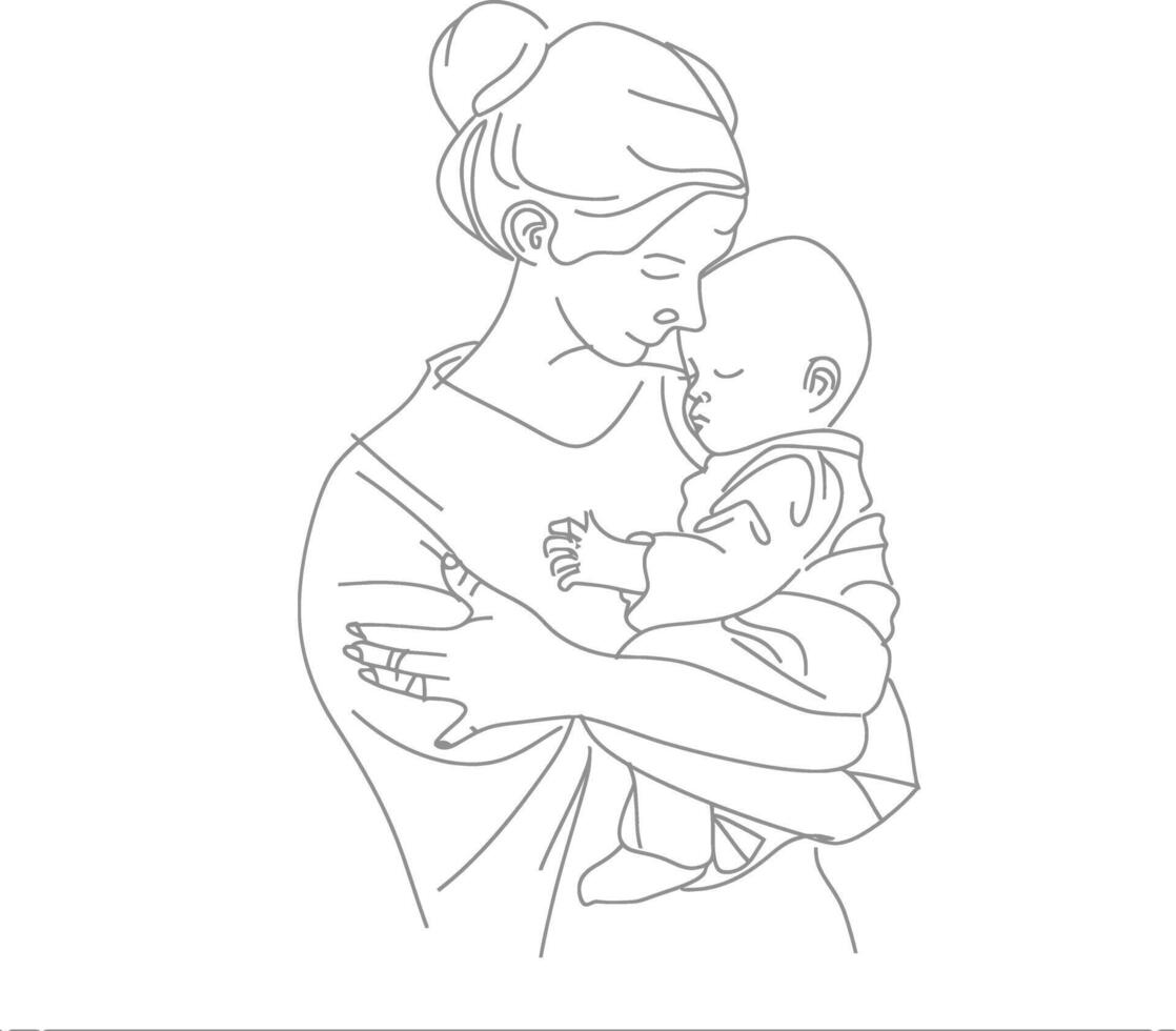 One continuous line drawing of mother holding baby black color only vector