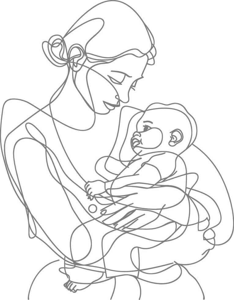 One continuous line drawing of mother holding baby black color only vector