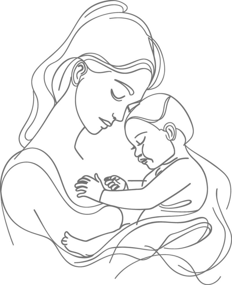 One continuous line drawing of mother holding baby black color only vector