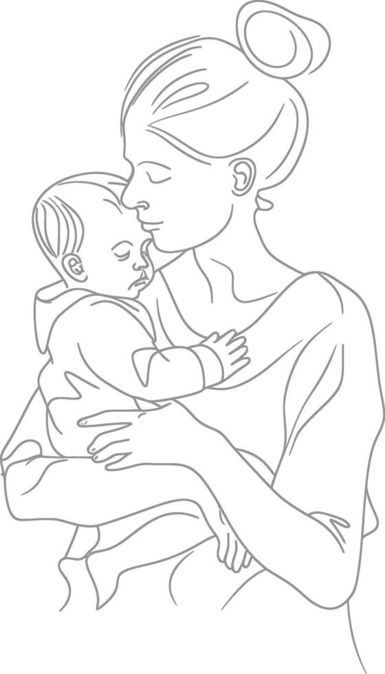 One continuous line drawing of mother holding baby black color only vector