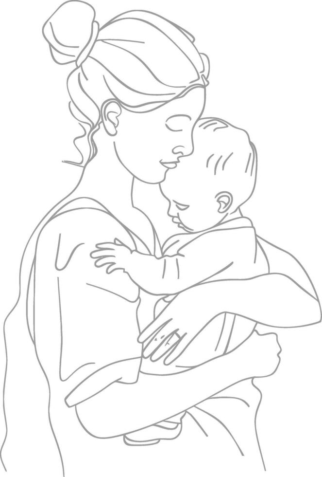 One continuous line drawing of mother holding baby black color only vector