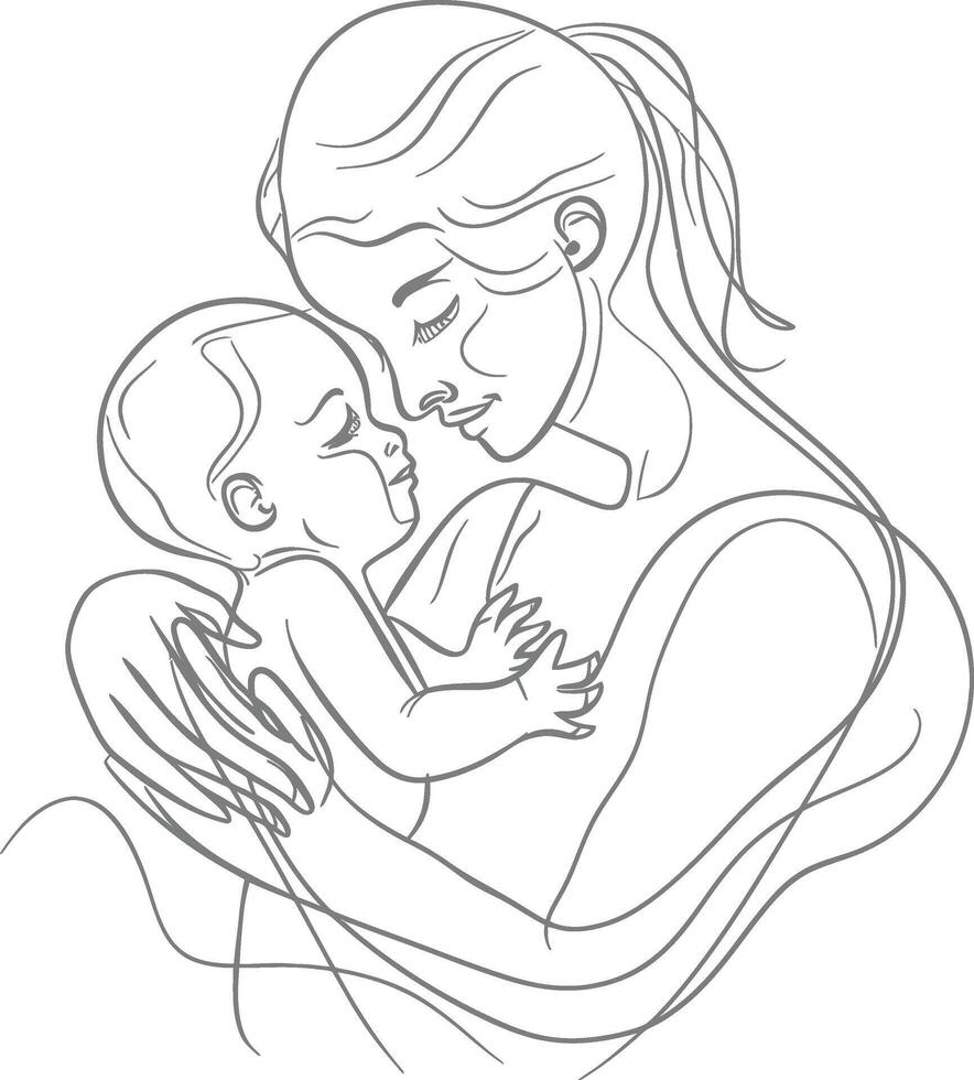 One continuous line drawing of mother holding baby black color only vector