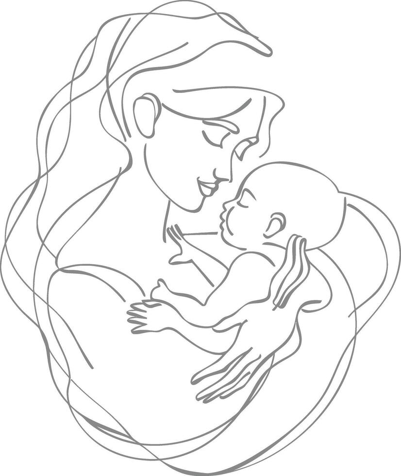 One continuous line drawing of mother holding baby black color only vector
