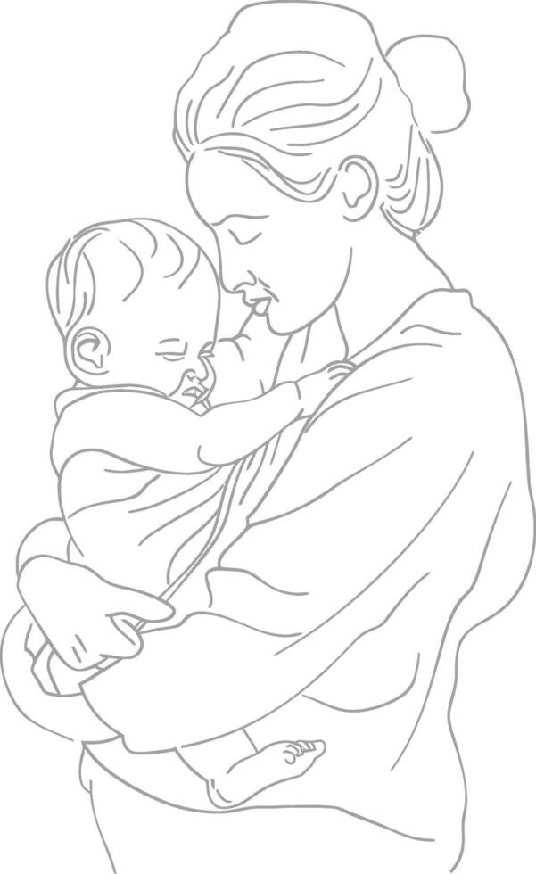 One continuous line drawing of mother holding baby black color only vector