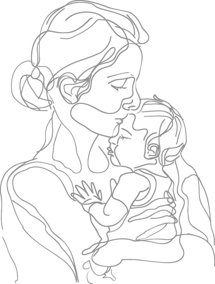 One continuous line drawing of mother holding baby black color only vector