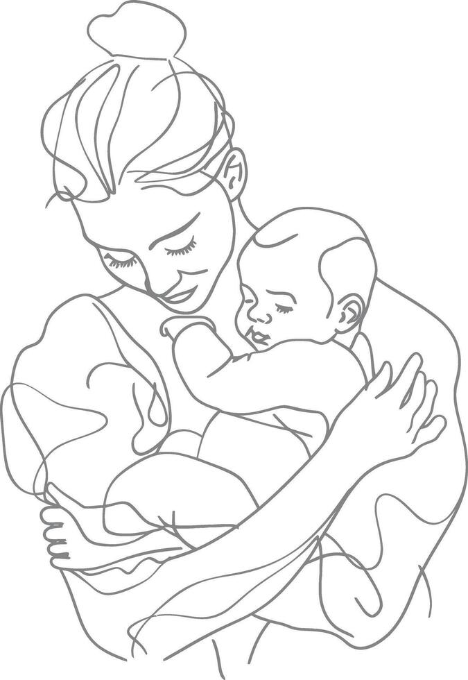 One continuous line drawing of mother holding baby black color only vector