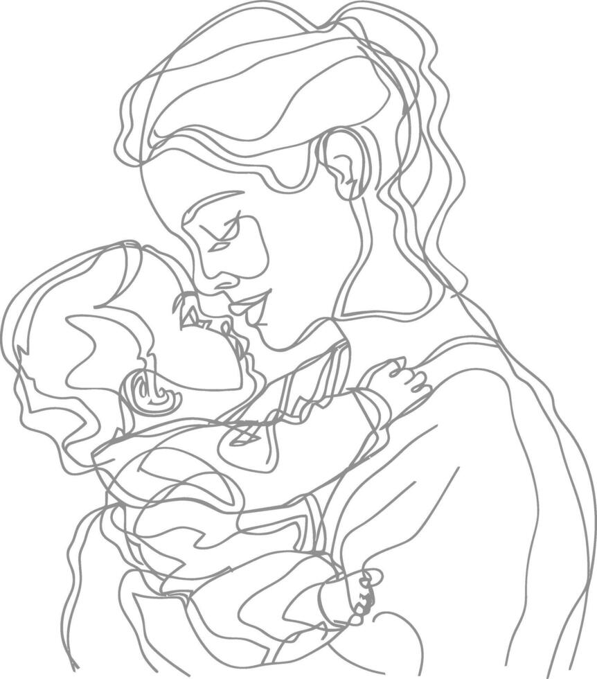 One continuous line drawing of mother holding baby black color only vector