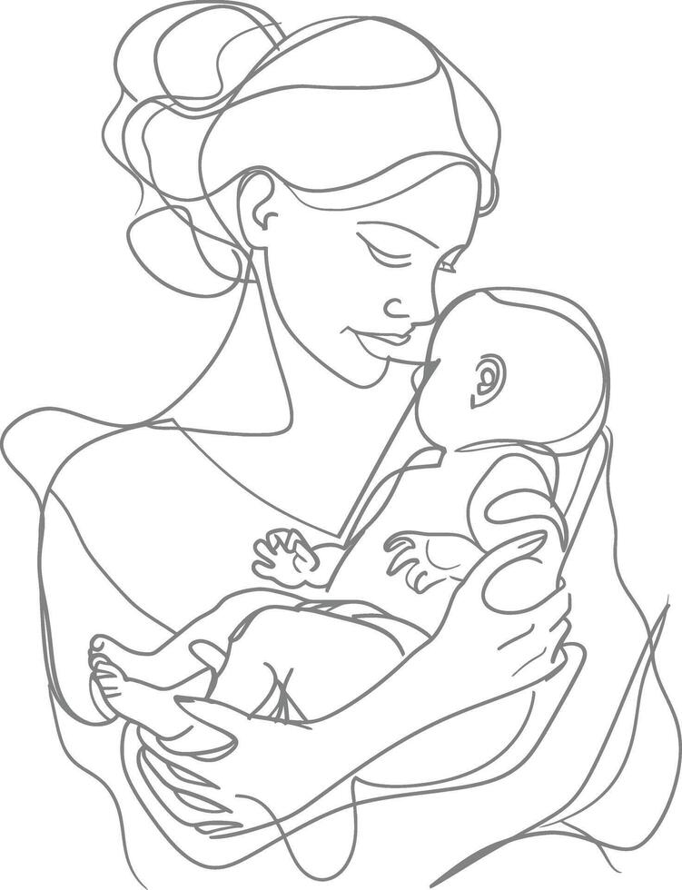 One continuous line drawing of mother holding baby black color only vector
