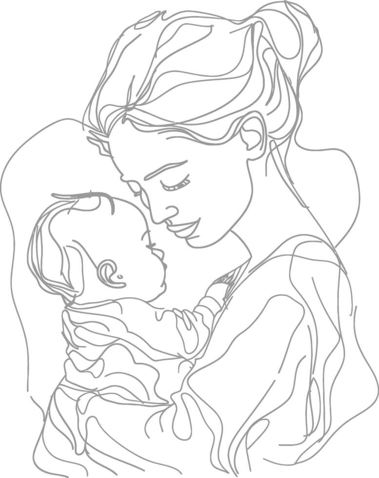 One continuous line drawing of mother holding baby black color only vector