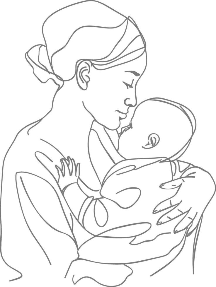 One continuous line drawing of mother holding baby black color only vector