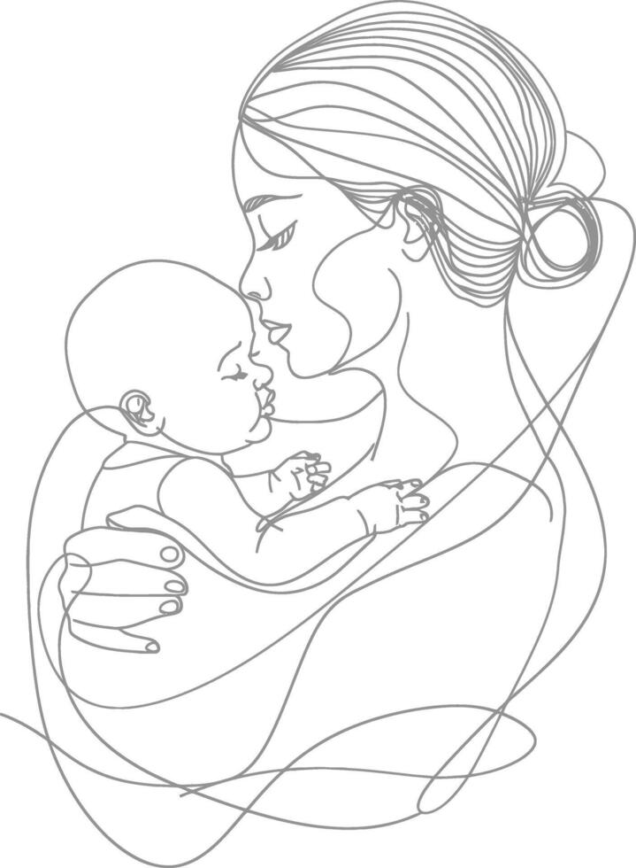 One continuous line drawing of mother holding baby black color only vector