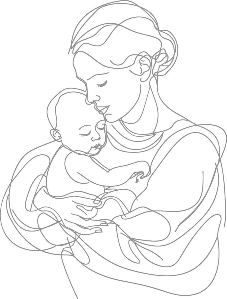 One continuous line drawing of mother holding baby black color only vector