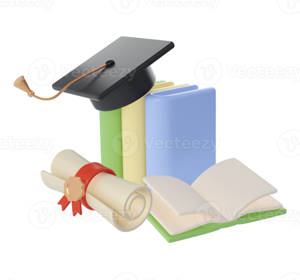 3D Books, Diploma scroll and university or college black cap graduate Icon. Render Education or Business Literature. E-book, Encyclopedia, Textbook Illustration png