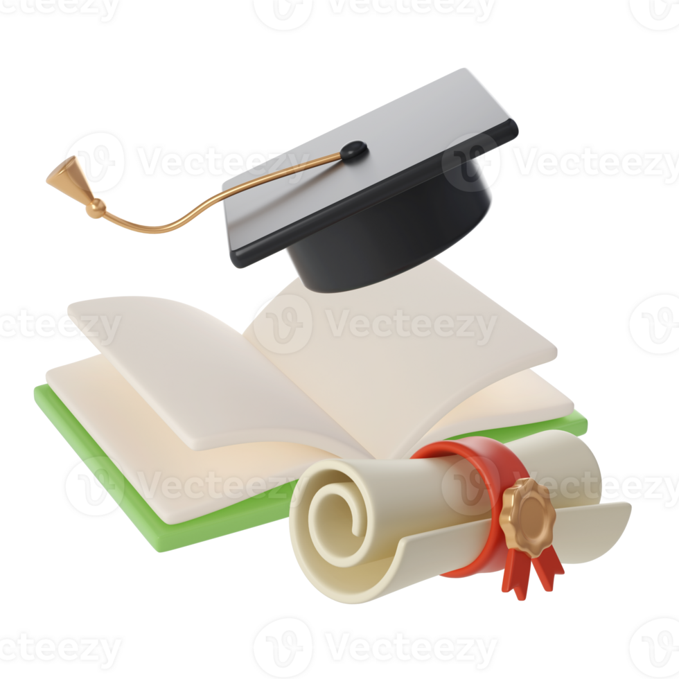 3D flying open Book, Diploma scroll and university or college black cap graduate Icon. Render Education or Business Literature. E-book, Encyclopedia, Textbook Illustration png