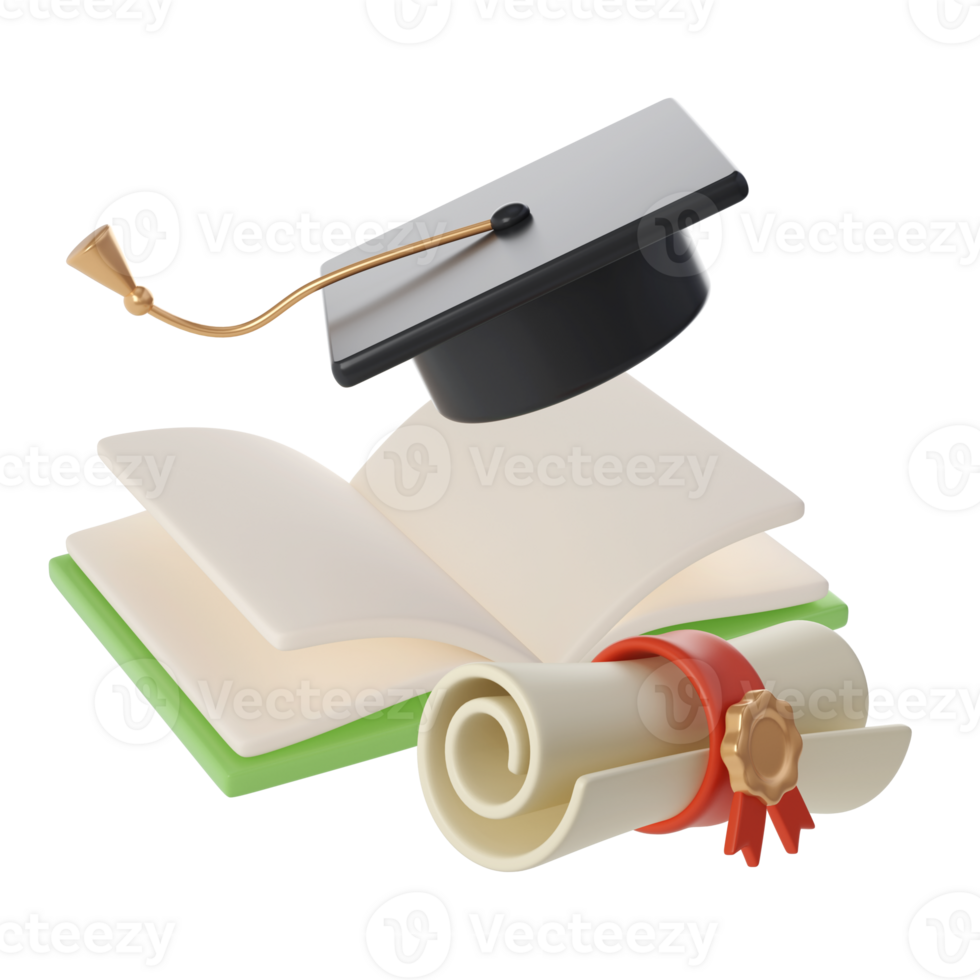 3d en volant ouvert livre, diplôme faire défiler et Université ou Université noir casquette diplômé icône. rendre éducation ou affaires littérature. livre électronique, encyclopédie, cahier de texte illustration png