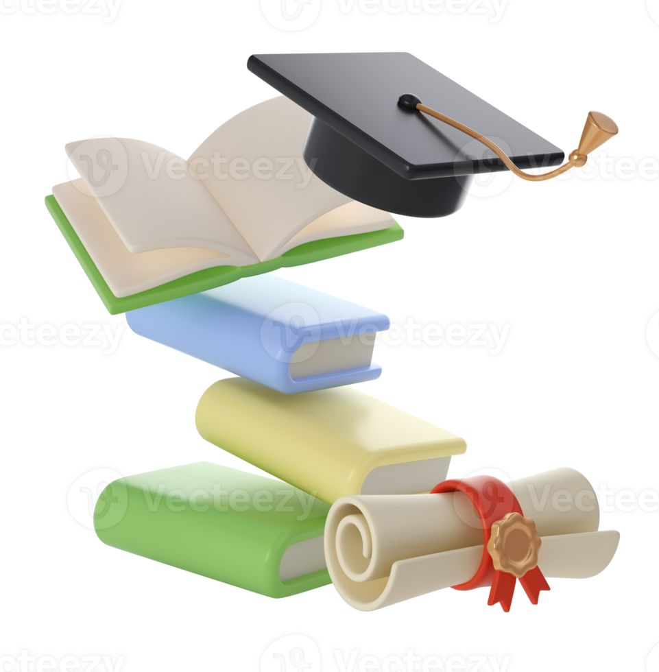 3D flying Books, Diploma scroll and university or college black cap graduate Icon. Render Education or Business Literature. E-book, Encyclopedia, Textbook Illustration png