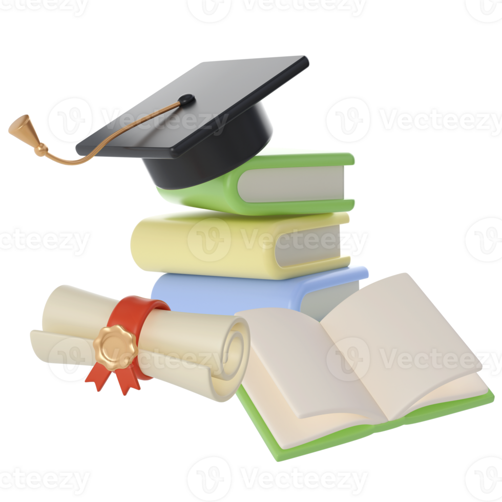 3D Stack of Books, Diploma scroll and university or college black cap graduate Icon. Render Education or Business Literature. E-book, Encyclopedia, Textbook Illustration png