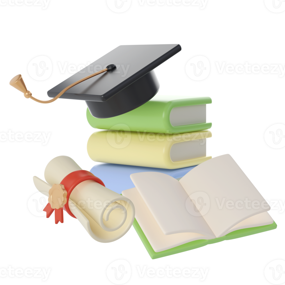 3D Stack of Books, Diploma scroll and university or college black cap graduate Icon. Render Education or Business Literature. E-book, Encyclopedia, Textbook Illustration png