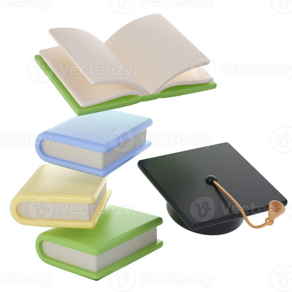 3D flying Books and university or college black cap graduate Icon. Render Education or Business Literature. E-book, Encyclopedia, Textbook Illustration png