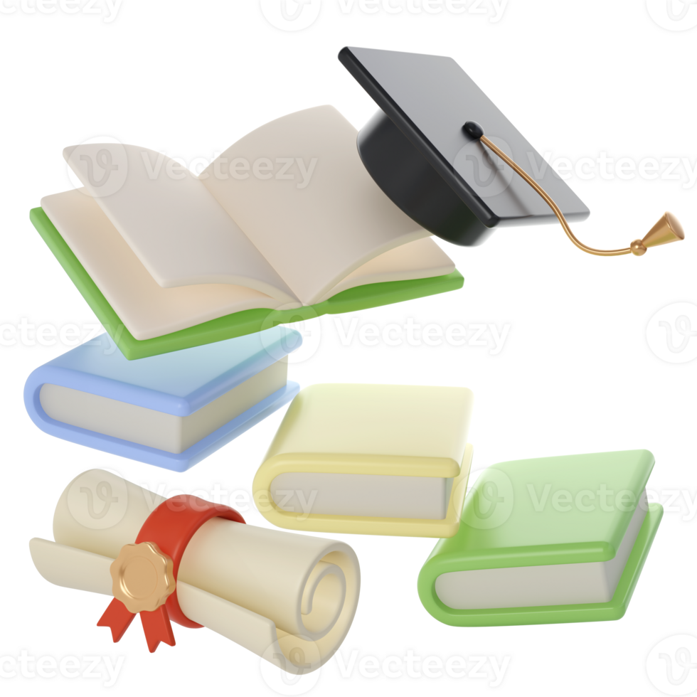 3d flygande böcker, diplom skrolla och universitet eller högskola svart keps examen ikon. framställa utbildning eller företag litteratur. e-bok, encyklopedi, lärobok illustration png