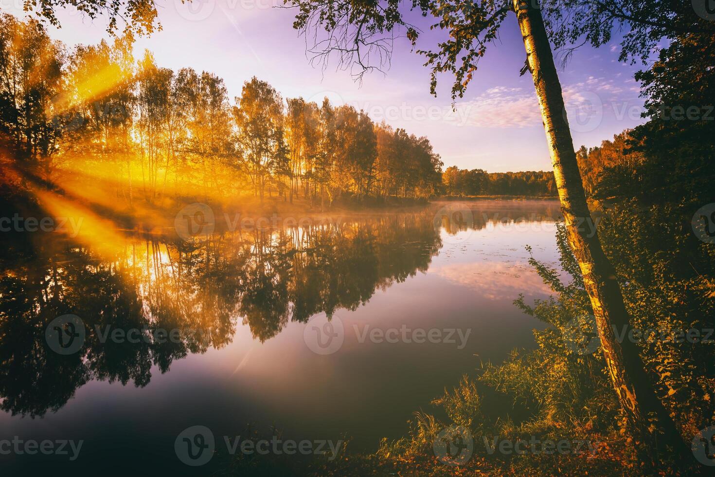 amanecer en un lago o río con un cielo reflejado en el agua, abedul arboles en el apuntalar y el rayos de sol rotura mediante ellos y niebla en otoño. estética de Clásico película. foto