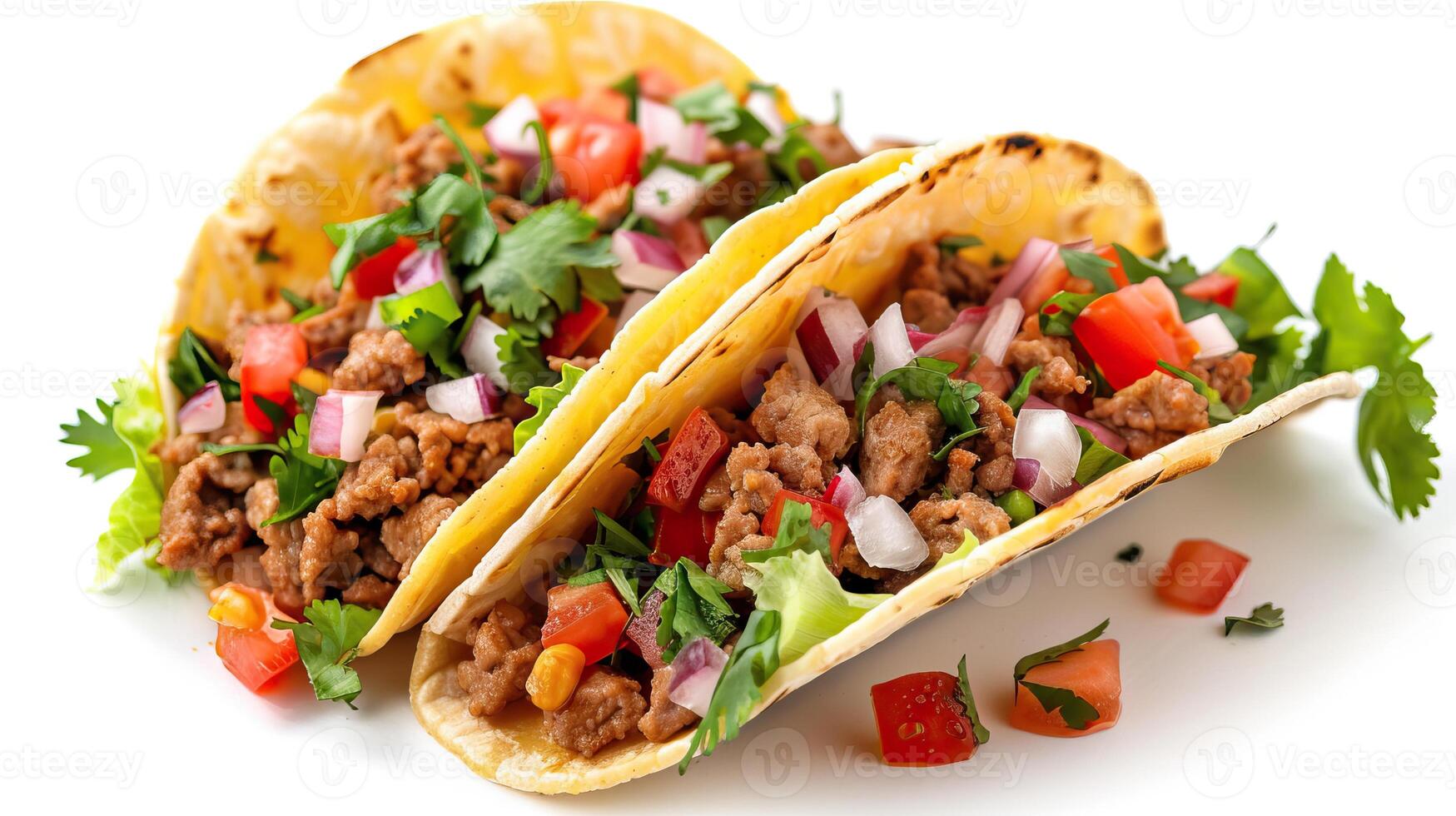 tacos with meat and vegetables isolated on white background Mexican food style photo