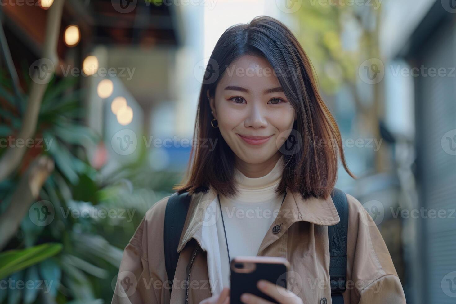 retrato de confidente joven asiático mujer participación móvil teléfono con sonriente cara foto