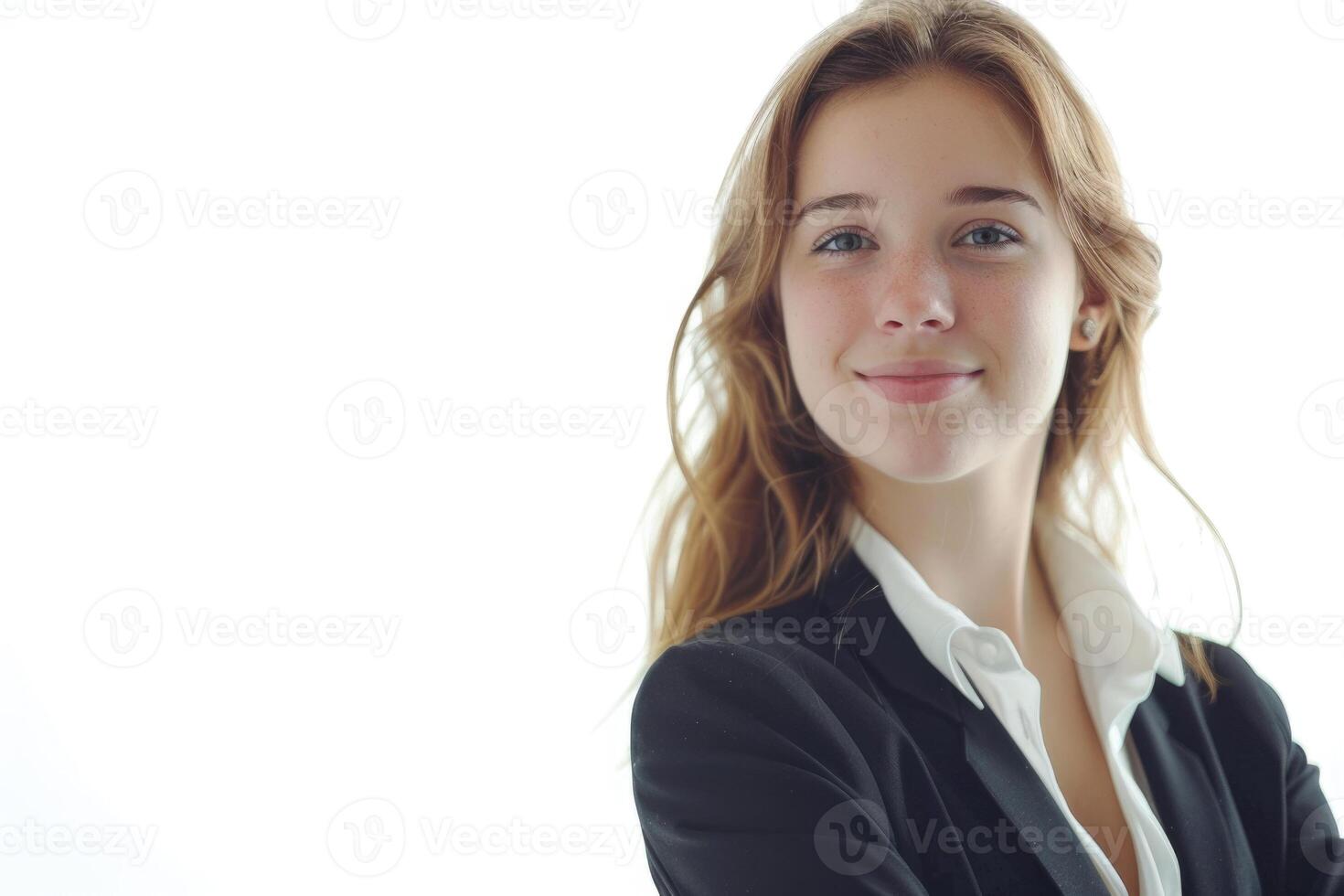 retrato de joven contento sonriente mujer de negocios aislado en blanco antecedentes foto