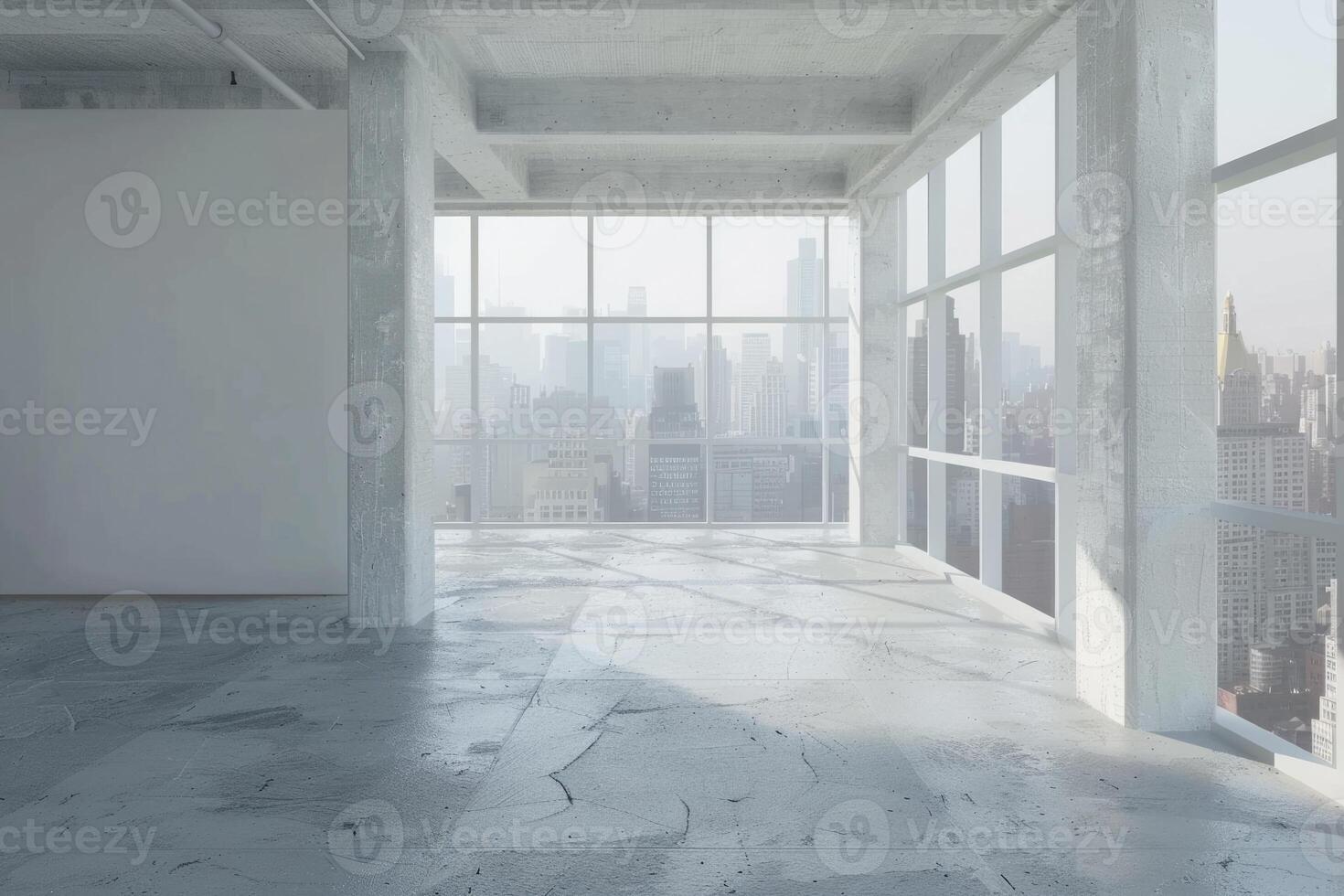 Empty loft room with white walls city view and concrete floor 3D Render photo