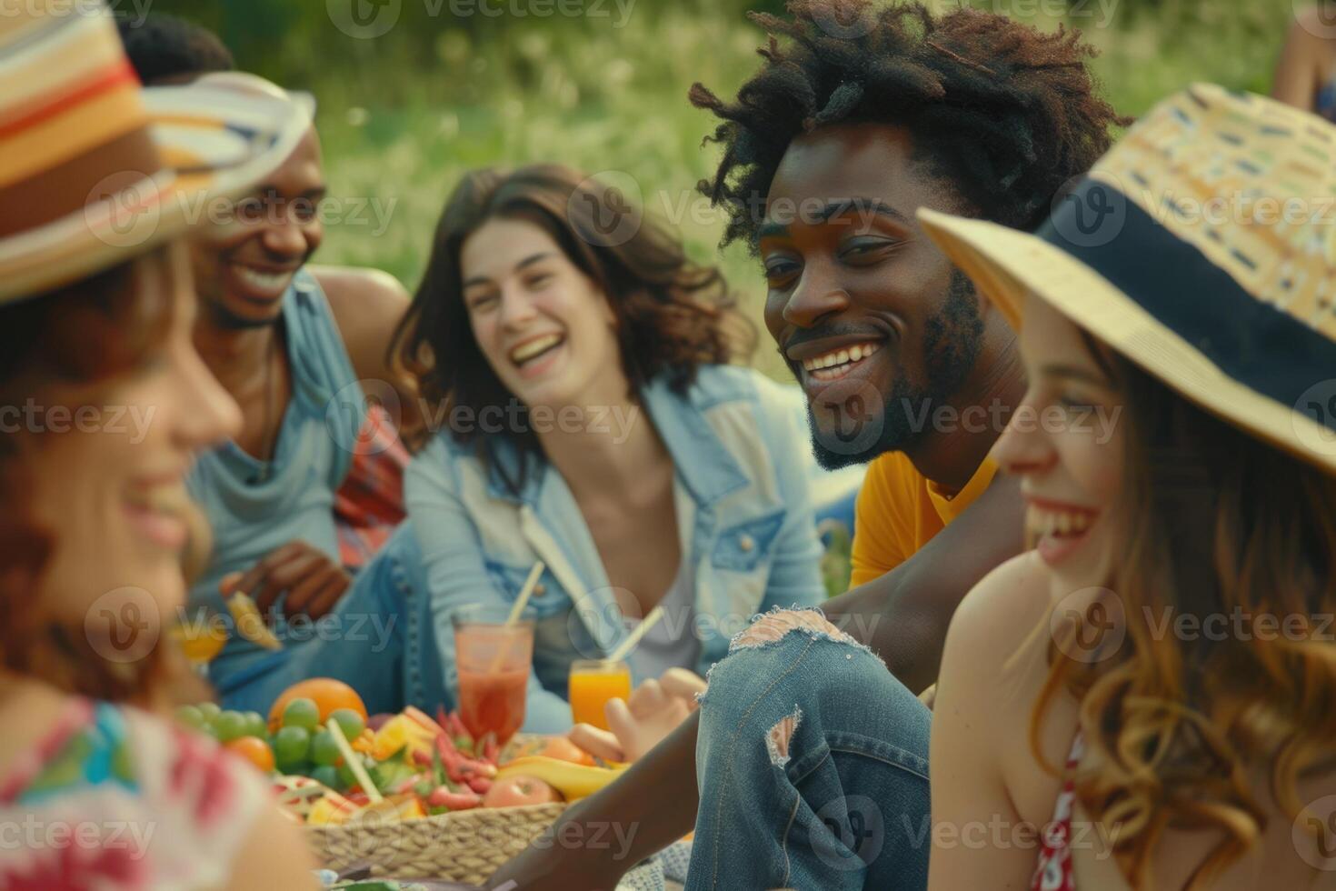 Happy friends enjoying picnic in park on summer day photo