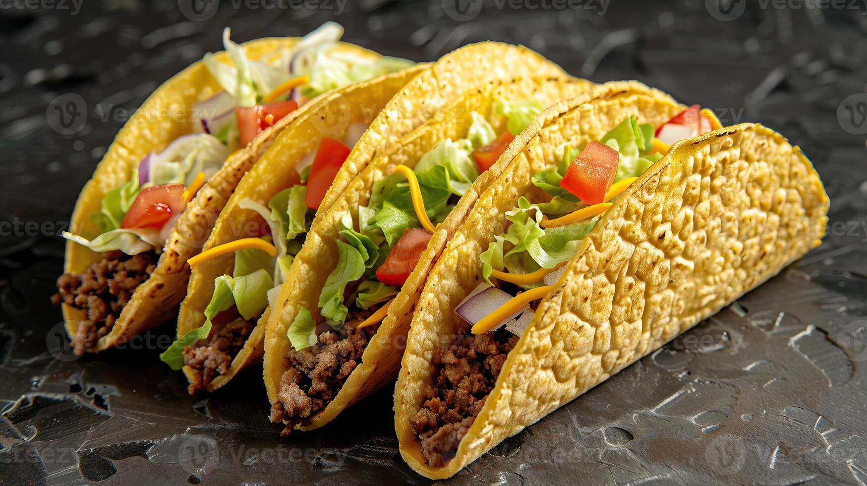three beef tacos with cheese lettuce and tomatoes photo