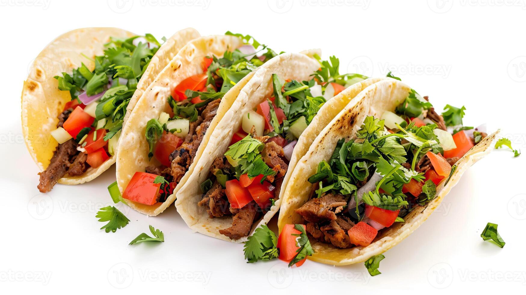 Traditional Mexican tacos with meat and veggies on white background. photo