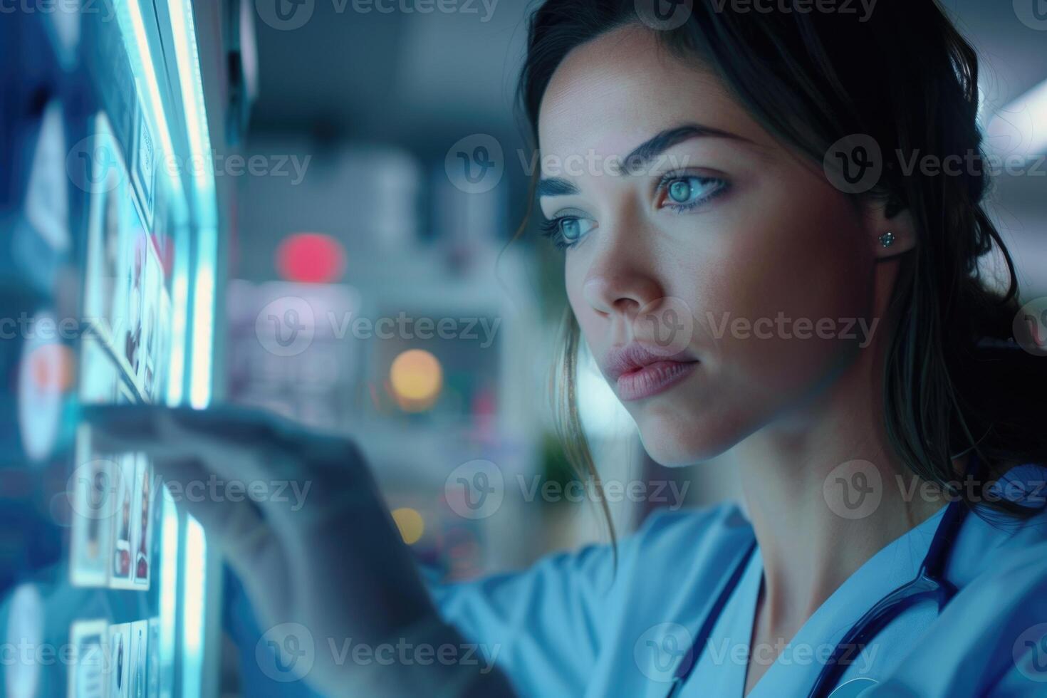 Young nurse using modern medical equipment. photo