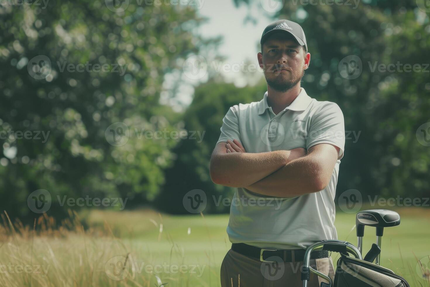 Man standing confidently near golf kit. photo