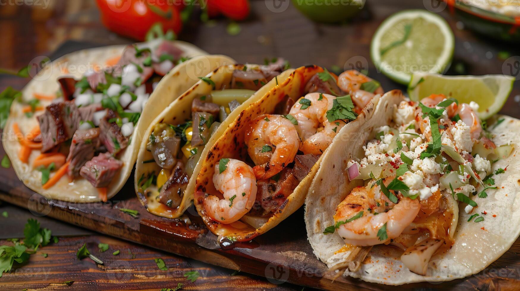 three different mexican street tacos with shrimp steak and fish photo
