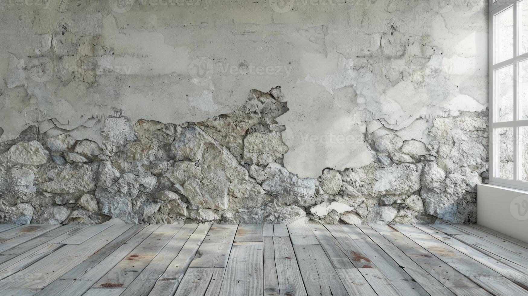 Empty vintage interior with grunge stone wall and wood floor. photo