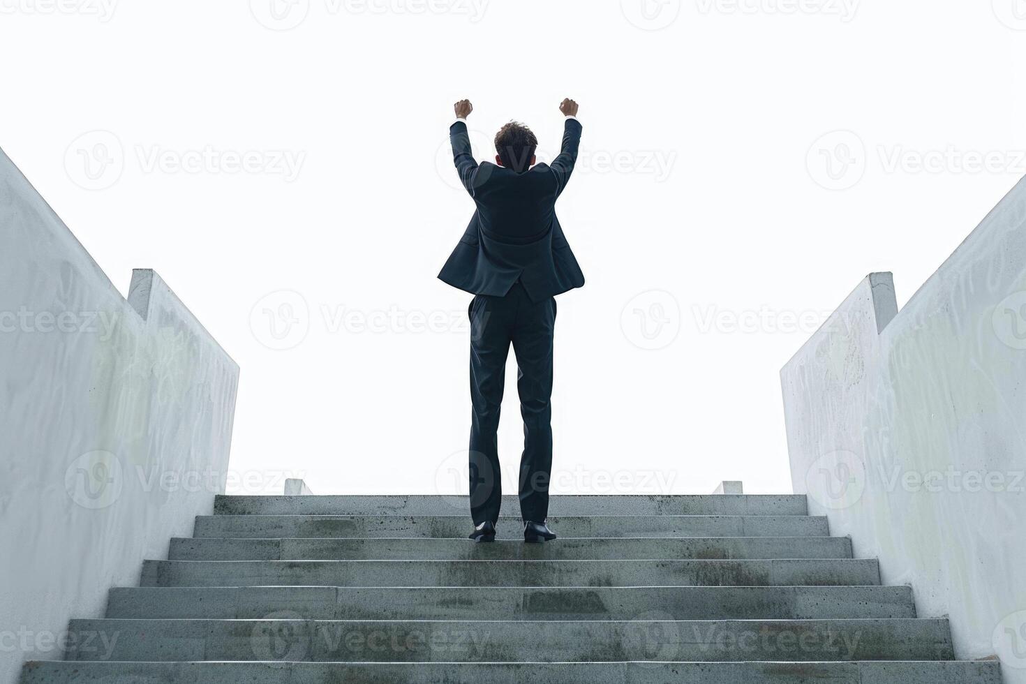 Rear view businessman cheering on top of concrete stairs isolated in white photo
