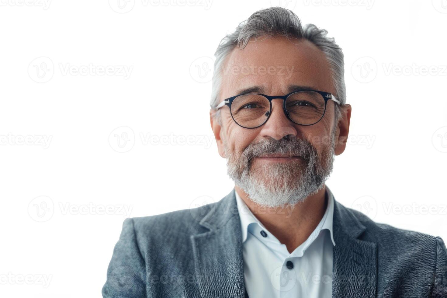 Confident mature businessman smiling for camera on white background. photo