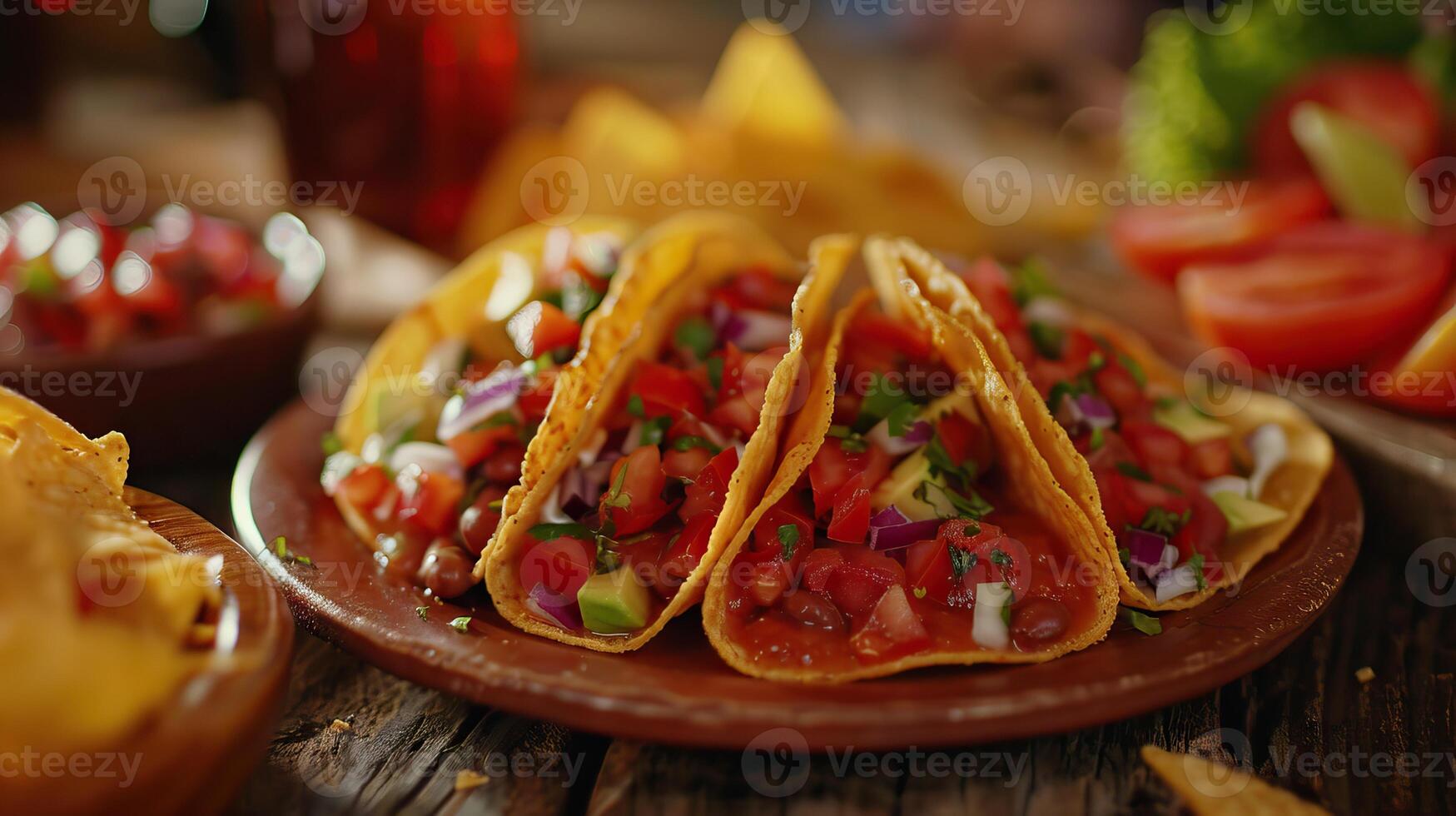 plato con taco nachos papas fritas y tomate inmersión plato con taco nachos papas fritas y tomate inmersión foto