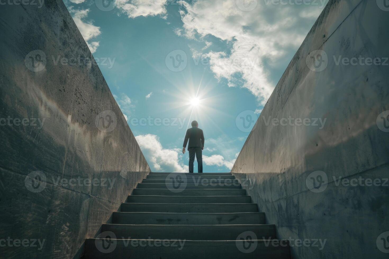 Businessman climbing stairs to keyhole in concrete wall. photo